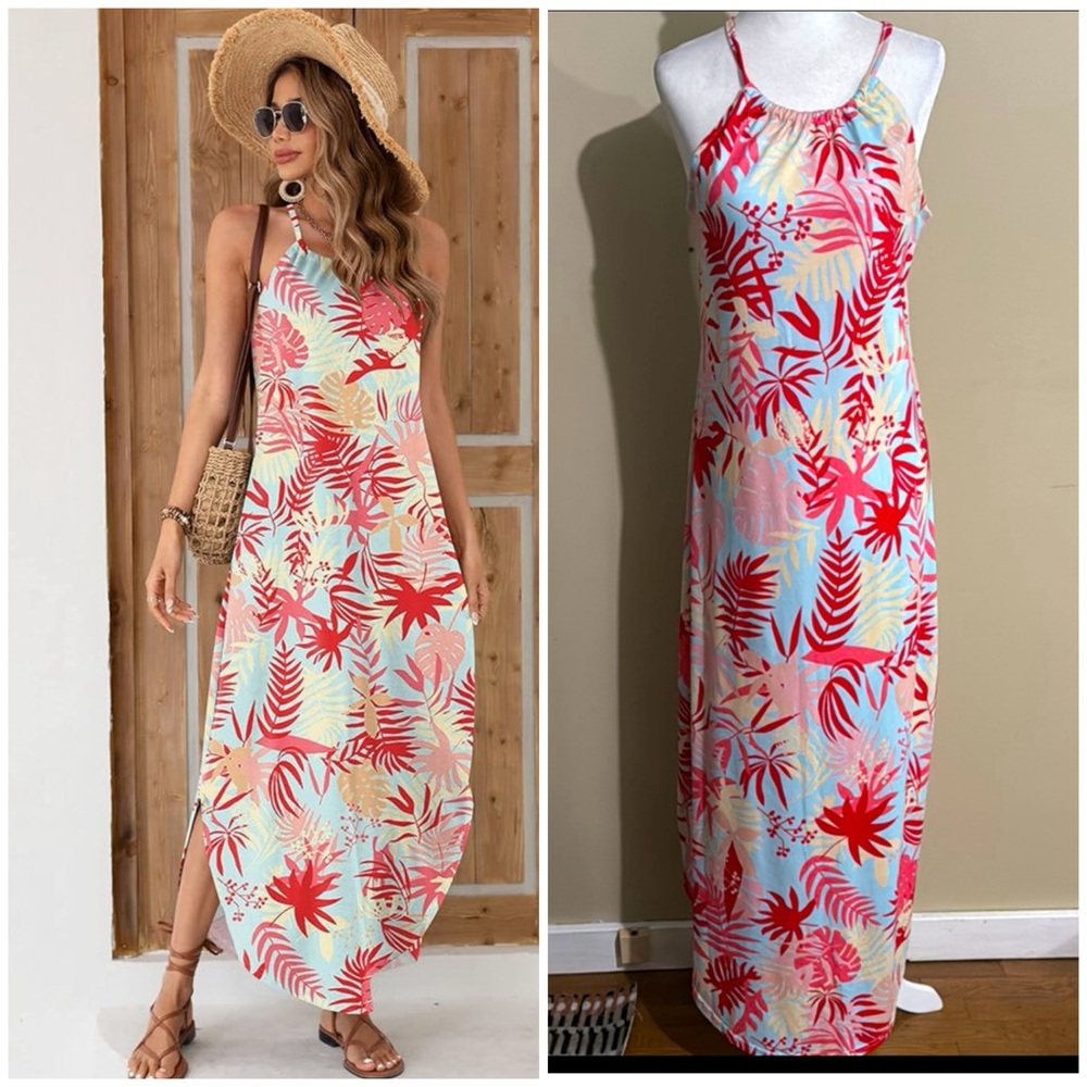 For Gand PL Women's Summer Casual Halter Side Slit Long Maxi Beach Dress Sz Med